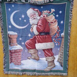 Christmas Holiday Santa Fringe Throw Blanket Tapestry Santa USA Made 60 x 52